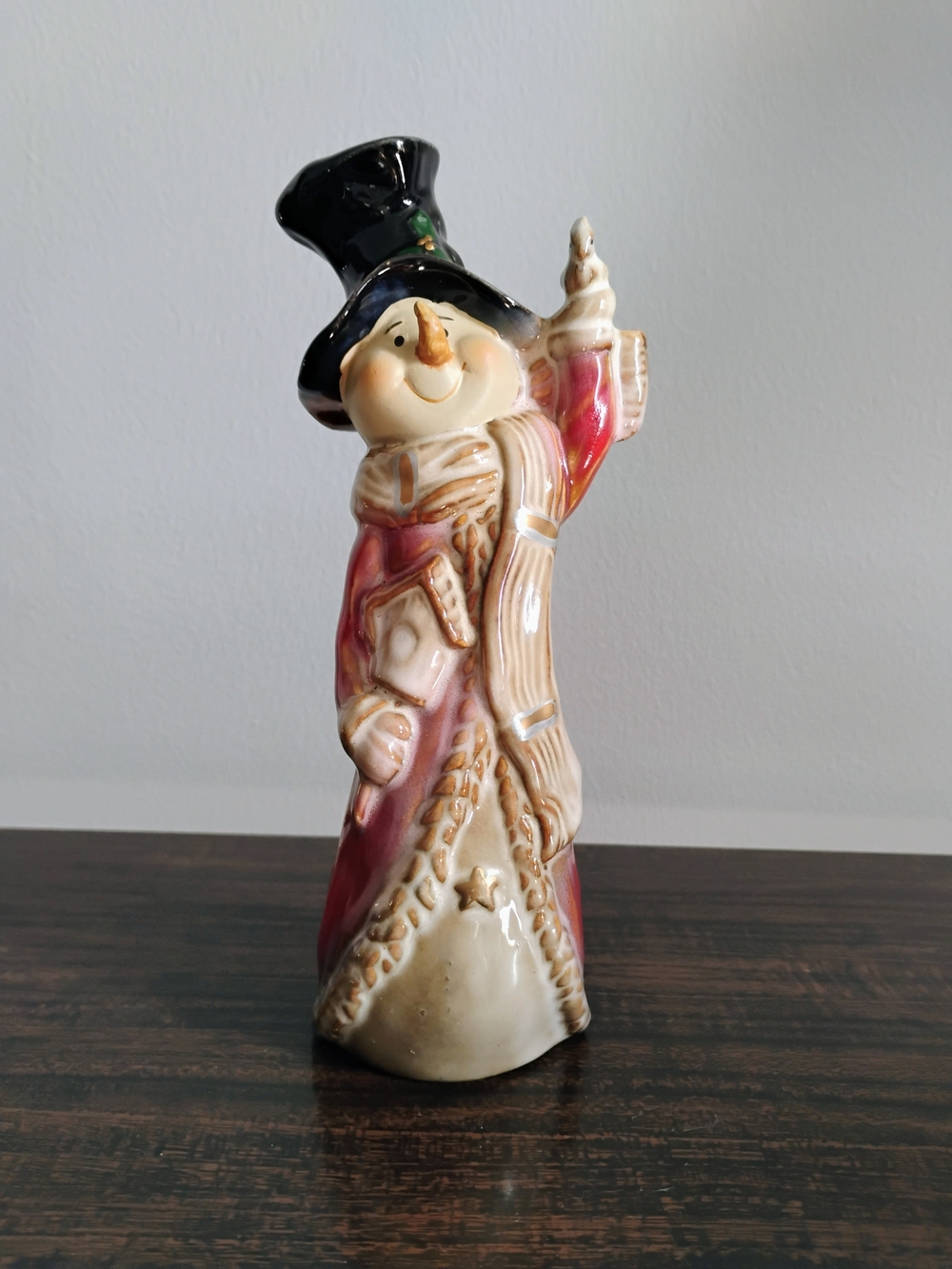 Ceramic Red and Cream Snowman Figurine with Black Hat As Well As Santa